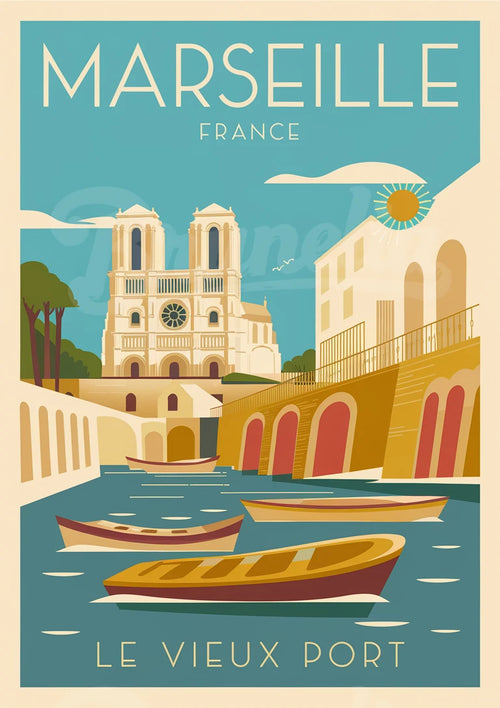 Affiche illustrée – Scène Méditerranéenne au Vieux-Port