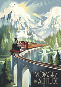Illustration rétro - Train à vapeur sur viaduc alpin