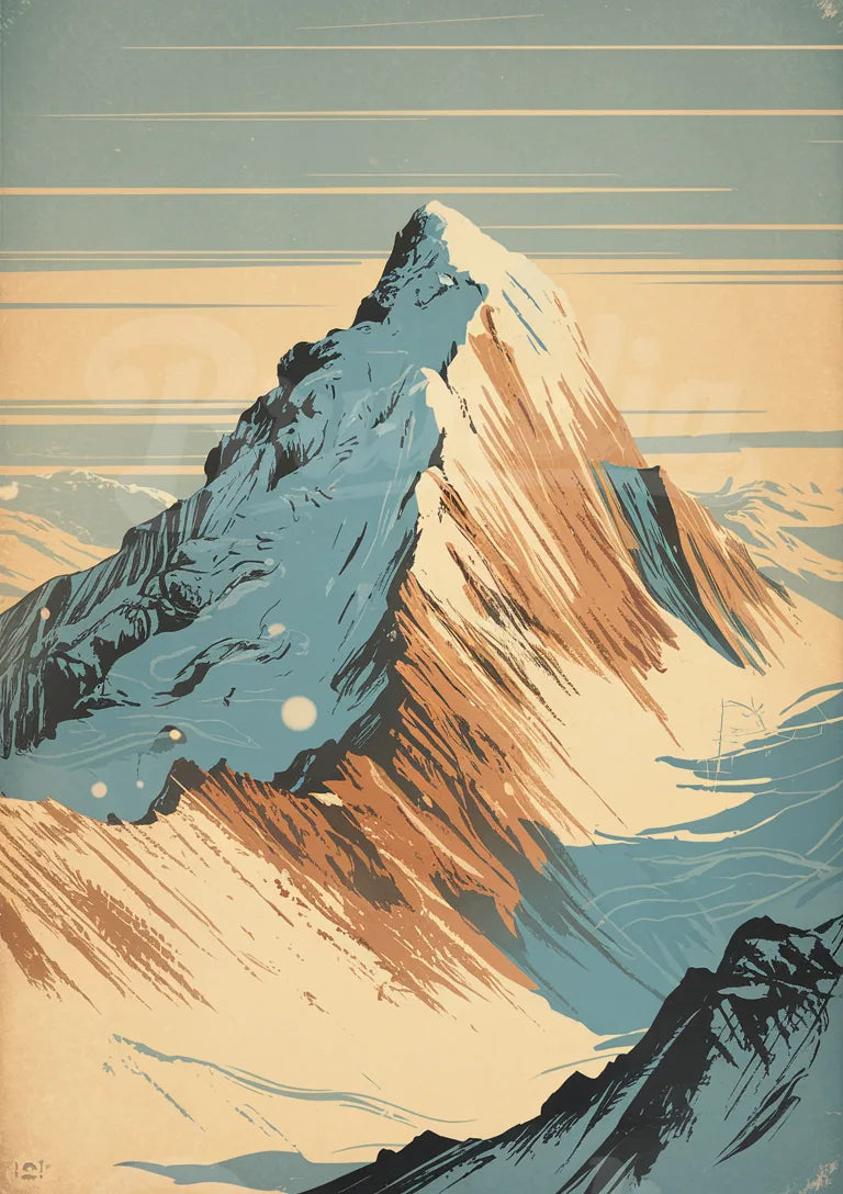 Affiche paysage alpin enneigé style rétro art déco