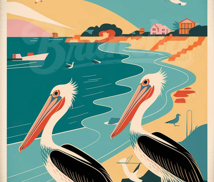 Affiche vintage pélicans et bord de mer