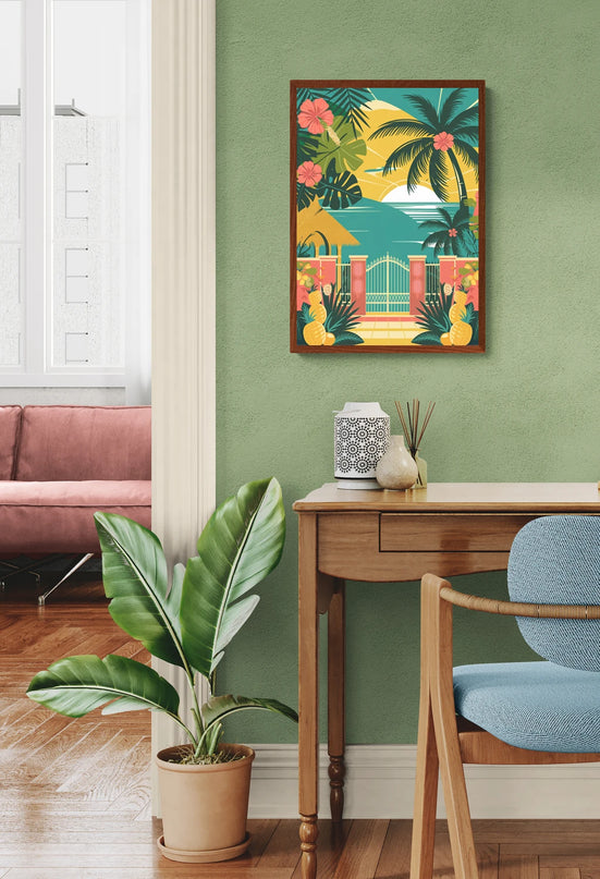 Affiche vintage ambiance tropicale colorée