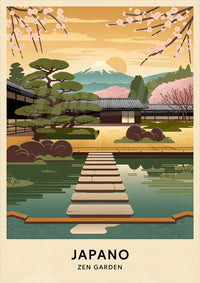 Affiche jardin zen japonais avec mont Fuji
