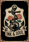 Affiche Tatouage Ancre Marine et Roses Vintage