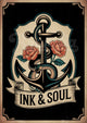 Affiche Tatouage Ancre Marine et Roses Vintage