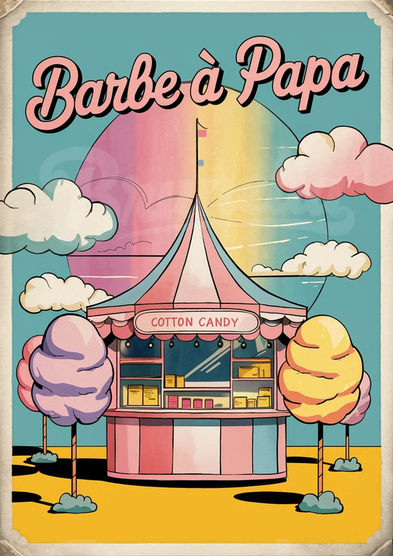 Affiche barbe à papa colorée rétro