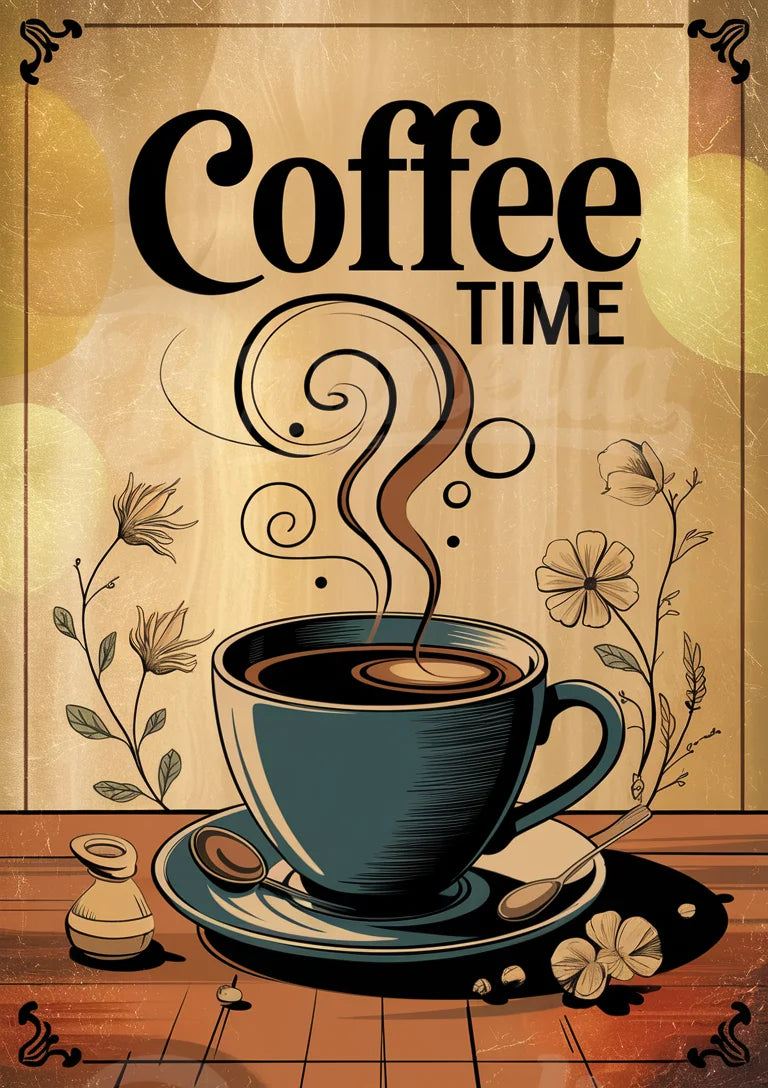 Affiche décorative tasse de café avec vapeur et fleurs vintage