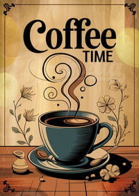 Affiche décorative tasse de café avec vapeur et fleurs vintage