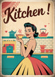 Affiche femme rétro 1950 avec café dans cuisine vintage