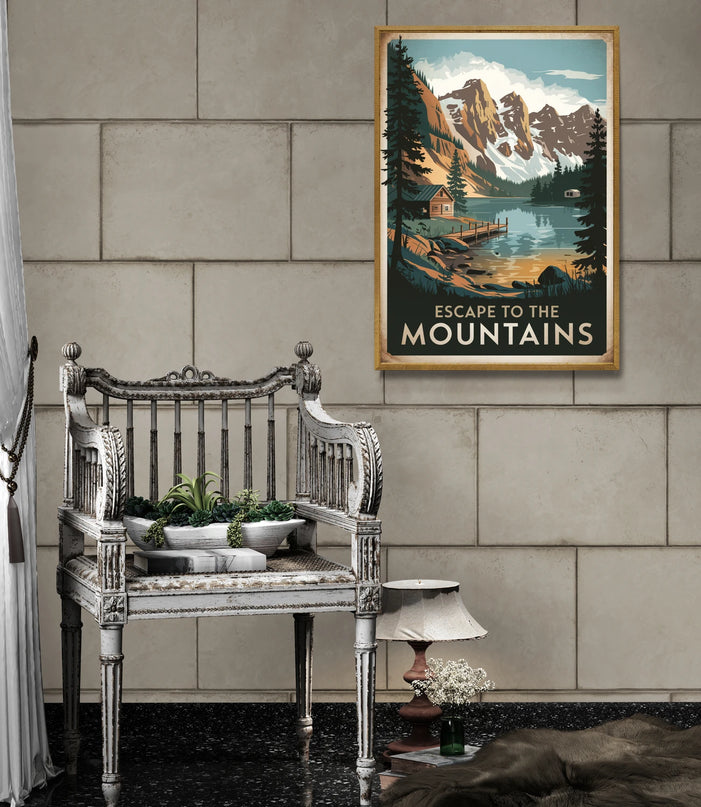 affiche lac en montagne vintage