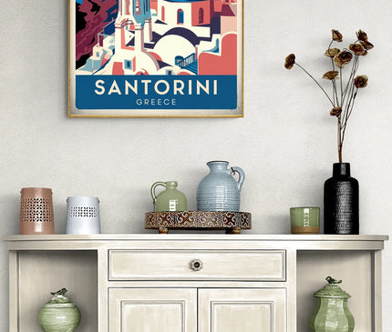 Affiche coucher de soleil rétro Santorin