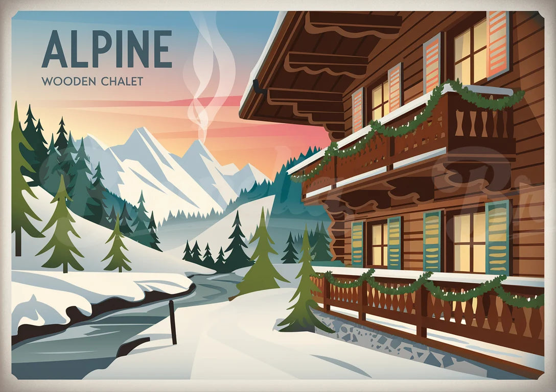 affiche chalet en bois rétro