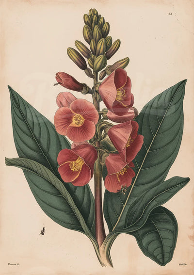 Illustration botanique vintage – Plante tropicale aux fleurs rouges