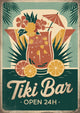 Affiche Tiki Bar tropical ouvert 24h années 1950
