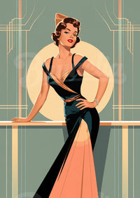 Illustration rétro Art déco – Élégance en robe noire et saumon
