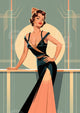 Illustration rétro Art déco – Élégance en robe noire et saumon