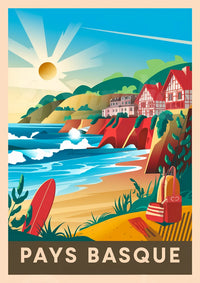 Affiche Côtière avec maisons basques et falaises rouges basque