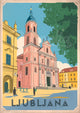 Affiche Ljubljana église baroque rose années 30