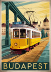Affiche Budapest tramway jaune et pont vert art déco