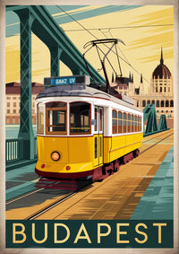 Affiche Budapest tramway jaune et pont vert art déco