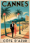 Affiche Cannes couple promenade palmiers bord de mer