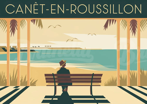 Affiche Canét-en-Roussillon femme bord de mer années 30