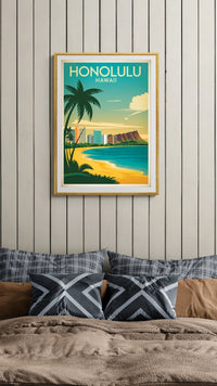 Affiche Honolulu Diamond Head et plage tropicale