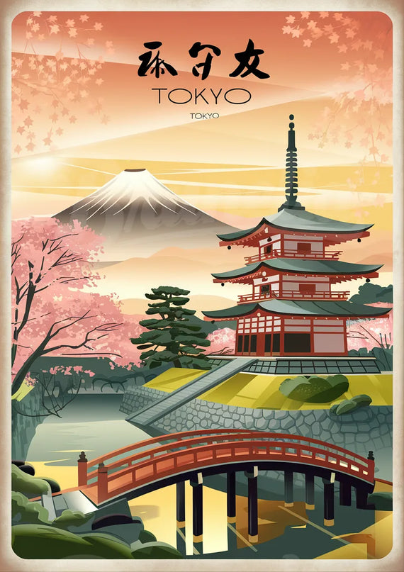 Affiche temples japonais vintage Tokyo
