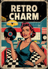 Affiche rétro femme disque vinyle années 1950