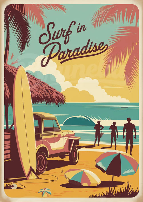 Affiche rétro tropicale – Voiture vintage et planche de surf