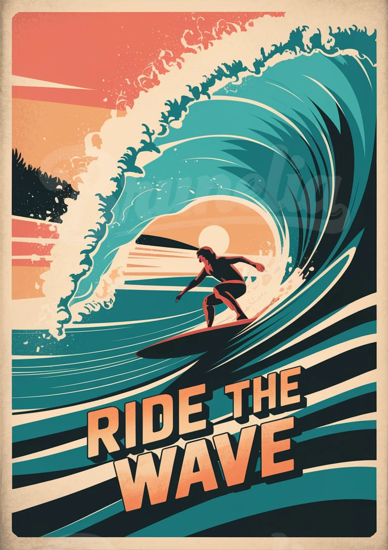 Affiche Ride the Wave surfeur vague rétro années 30