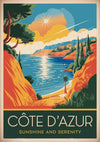 Affiche rétro Côte d'Azur baie méditerranéenne et falaises
