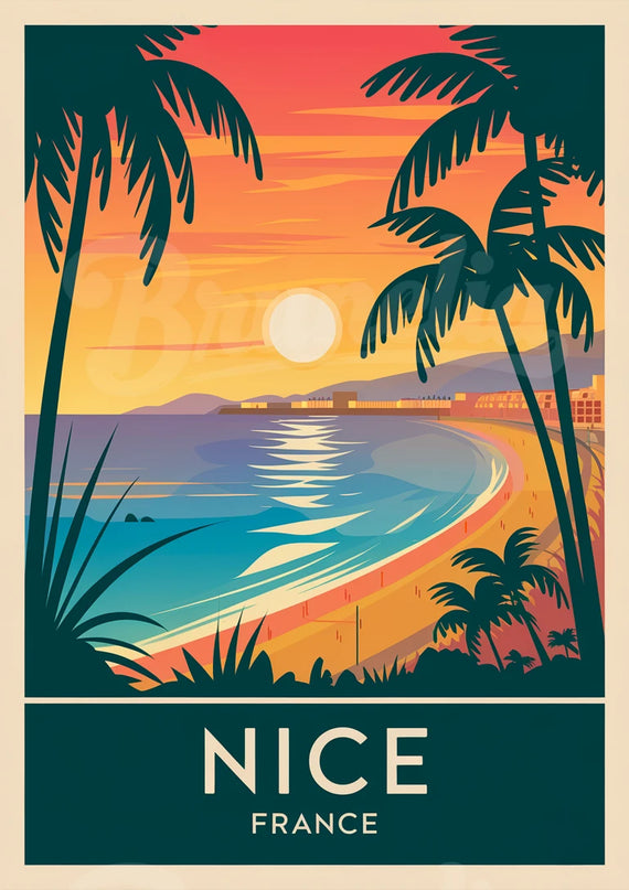 Affiche vintage coucher de soleil sur Nice