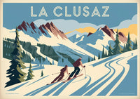 Illustration rétro de skieurs à La Clusaz – Paysage alpin