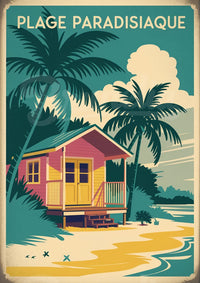 Affiche paradis tropical maison sur pilotis bord de mer