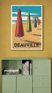 Affiche Deauville parasols colorés plage normande