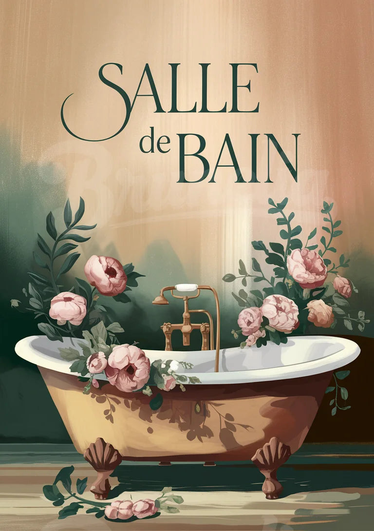 Affiche rétro baignoire aux fleurs et décor botanique