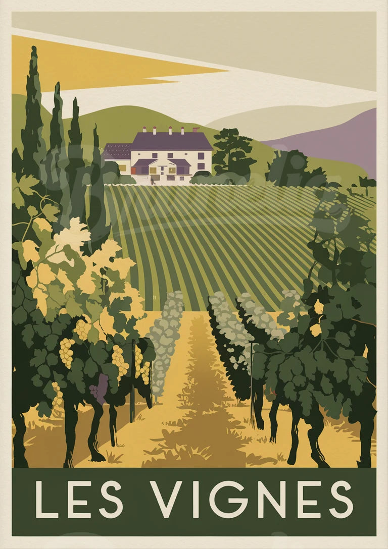 Affiche Les Vignes paysage viticole Art Déco