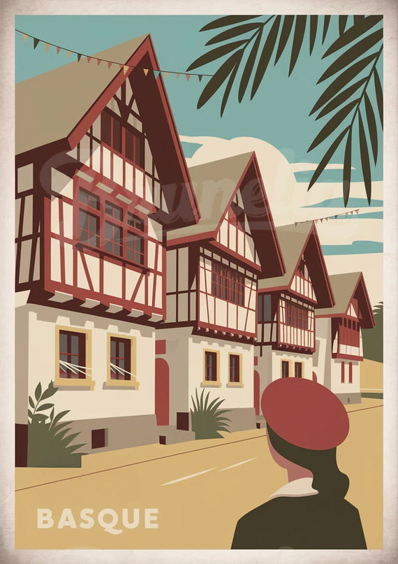 Affiche vintage façade rouge et blanche basque