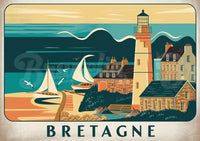 Affiche Phare côtier voiliers art déco Bretagne
