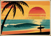 Affiche rétro surfeur coucher de soleil tropical