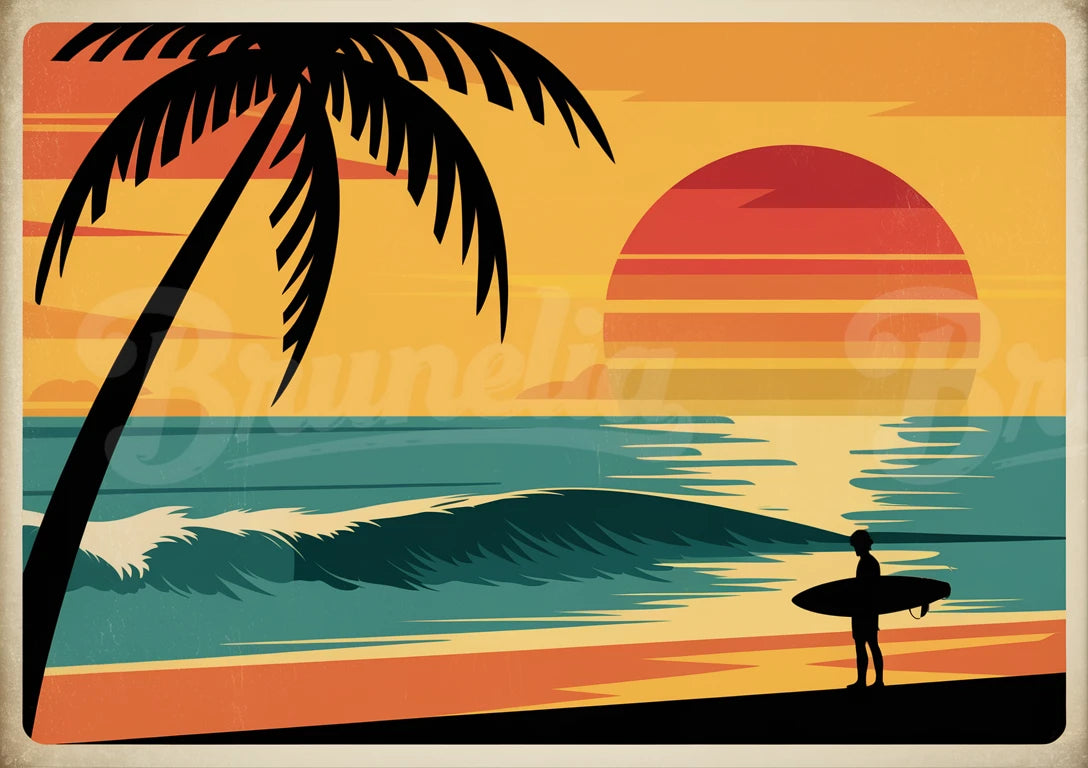 Affiche rétro surfeur coucher de soleil tropical
