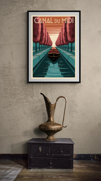 Affiche Canal du Midi bateau arbres alignés