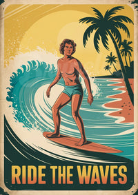 Affiche rétro surfeur tropical années 1950