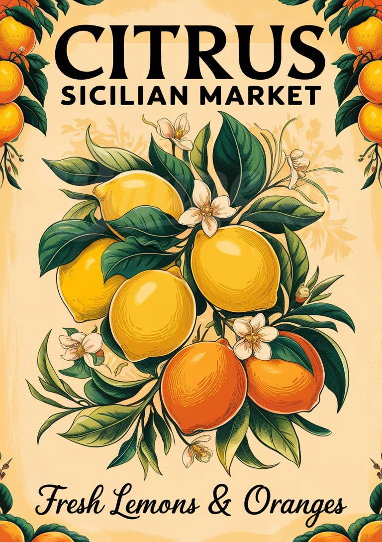 Affiche marché sicilien aux agrumes frais et fleurs