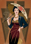 Affiche femme rétro parasol fleurs années 1940