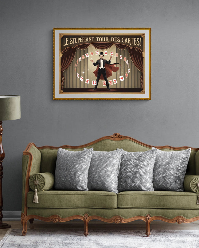 Affiche vintage magicien et tour de cartes