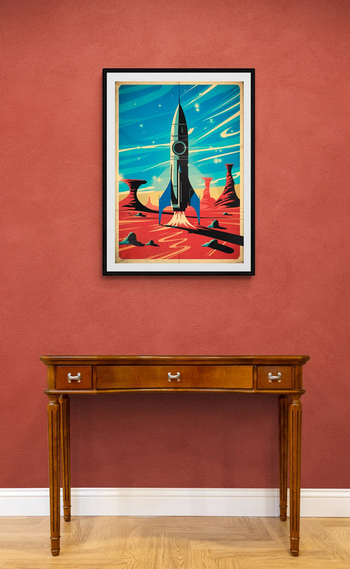 Affiche vintage fusée spatiale imaginaire