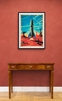Affiche décollage fusée rétrofuturiste années 1950