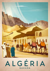 Affiche Sahara Algéria avec caravane et architecture coloniale