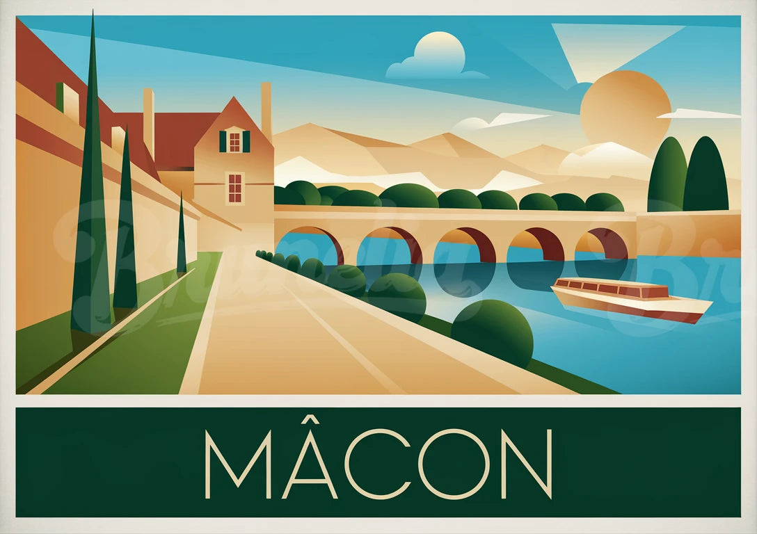 Affiche Mâcon pont Saône architecture ocre vintage